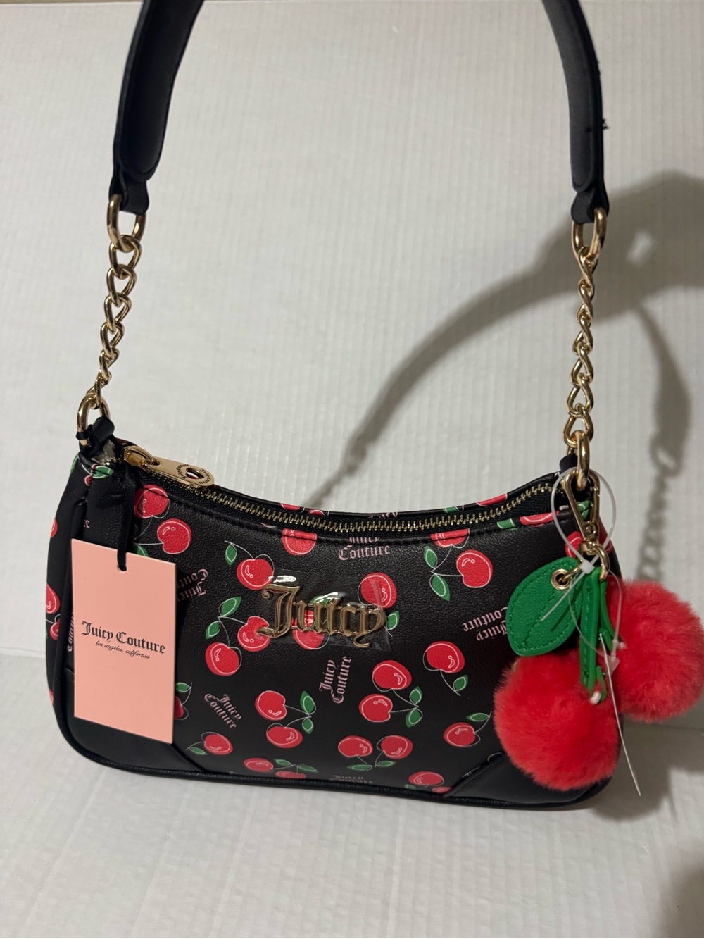 Juicy Couture Black Cherry Print Shoulder Bag with Red Pom Charm